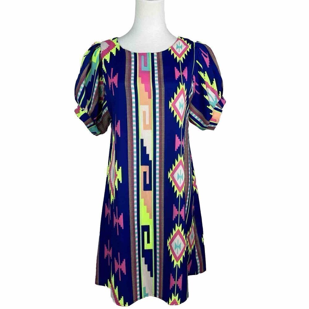 Aztec Tribal Print Mini Dress Blue Multicolor Puff Sleeve Boho Small Lila